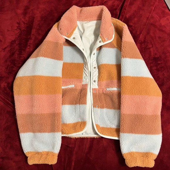 Free People Jackets & Blazers - Free People Hit The Slopes Printed Fleece Jacket | Color: Pink Stripe Logo